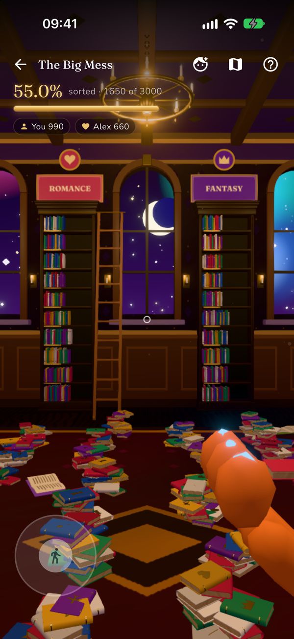 The Big Mess: a magical 3D library with a crescent moon and a nebula through the windows