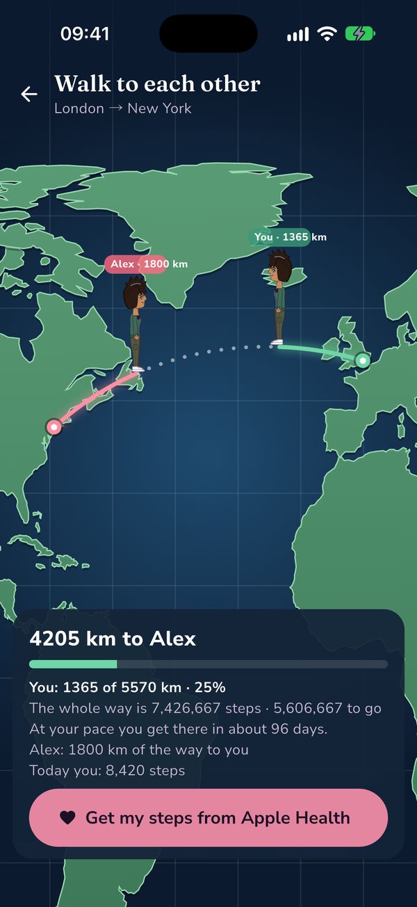 Walk to each other: both of you walking towards each other on a map between London and New York